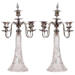 Pair of Silver and Cut-Glass Four-Arm Derby Silver Company Candelabras, 1900s