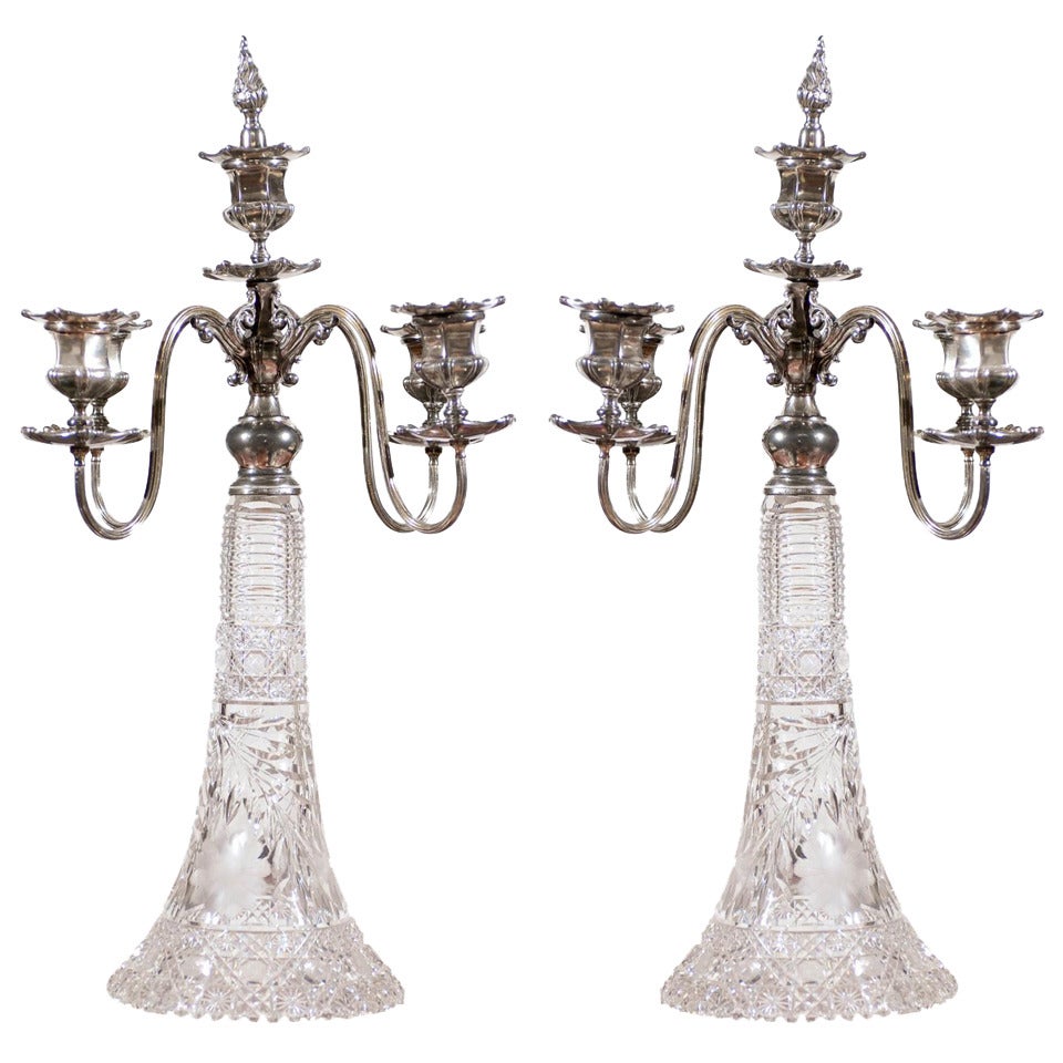 Pair of Silver and Cut-Glass Four-Arm Derby Silver Company Candelabras, 1900s