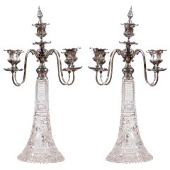 Pair of Silver and Cut-Glass Four-Arm Derby Silver Company Candelabras, 1900s