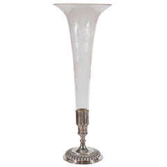 English Tall Blown Glass Vase with Sterling Silver Base and Foliage, circa 1890