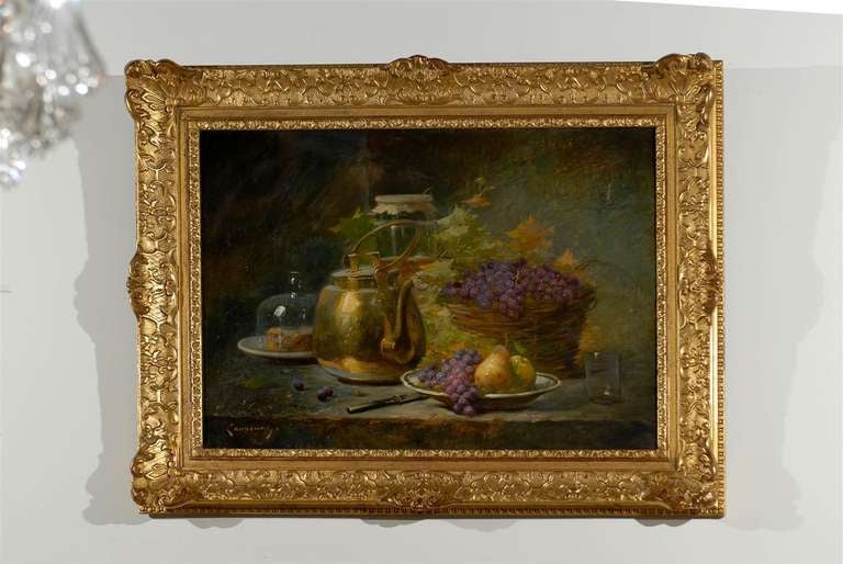 A French still-life painting by Agénorie Monique Laurenceau (1830-1907) from the second half of the 19th century, set inside a carved giltwood frame. This exquisite French still-life painting features the sustenance prepared either for a breakfast