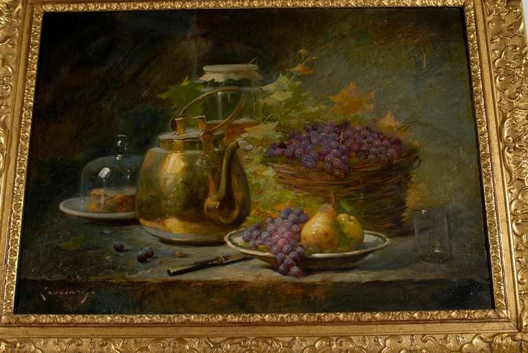 19th Century French 1860s Still-Life Painting by Agénorie Monique Laurenceau in Gilt Frame For Sale