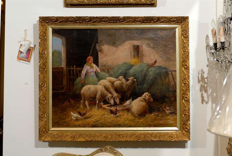19th Century Oil on Canvas Painting of Sheep in Barnyard Setting- Original Frame- Signed Godchaux- A 19th Century French Artist Known for His Depictions of Animal and Mountain Scenes. Please Know This Item is an Antique and is One of a Kind. 