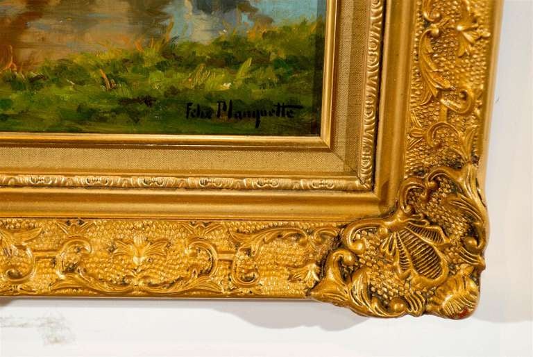 Giltwood French Pastoral Oil Painting Signed by Félix Planquette, Late 19th Century