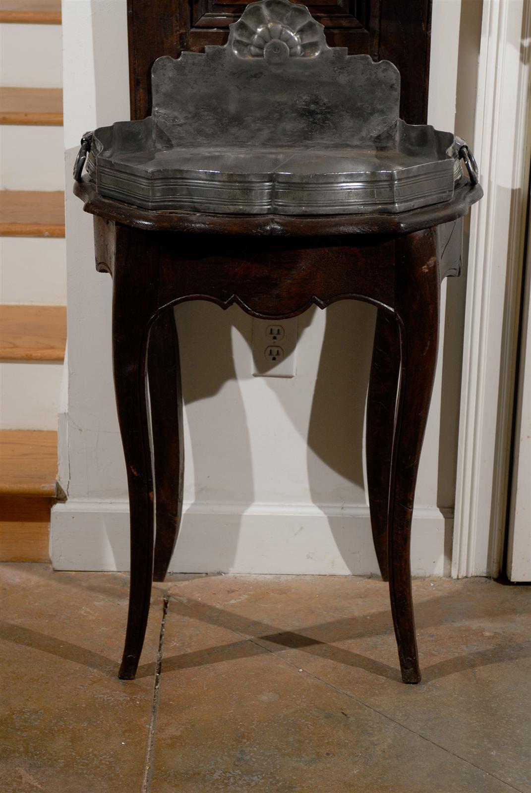19th Century French Restauration, 1830s, Pewter Two-Part Lavabo Mounted on Walnut Stand