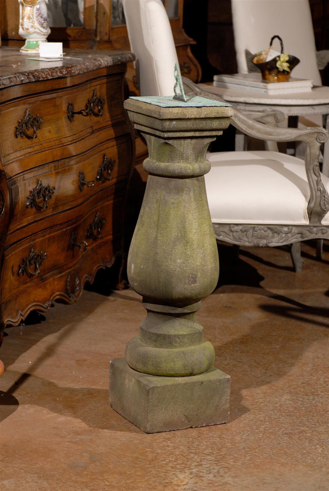 English 1860s Baluster-Shaped Sandstone Sundial with Verdigris Bronze Dial 1