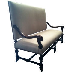 Antique 19th Century Spanish Settee and Chair in Raw Linen