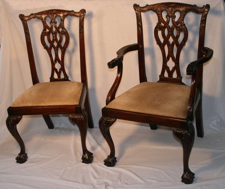 Fine Set of 8 (6 +2) English Mahogany Chippendale style dining chairs.  Very detailed carving (arms with lions' heads).   Great 'antique' patina.  Carved knees and ball & claw feet. Acanthus leaf carved backs.  
Armchairs:     22ins wide 18ins deep