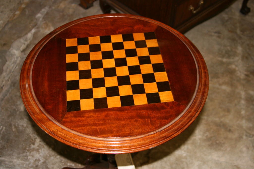 Antique English Walnut Chess Table.  Carved Tripod Pedestal.<br />
Chequer board satinwood/ebony.