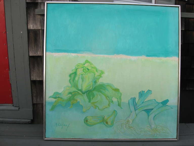 Still life oil painting of cabbage, leaks by listed artist Alicia Cajiao 
framed.46x48