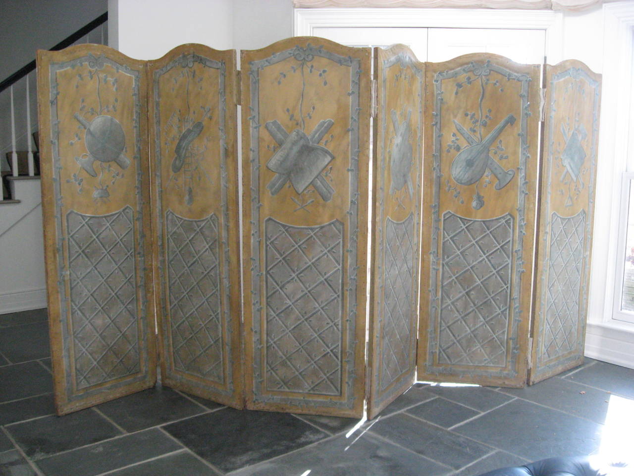 19th century French painted on canvas with antique wood frame six-panel musical theme screen. Painted on both sides in grey and yellow...Size  H 6'1
each panel 24