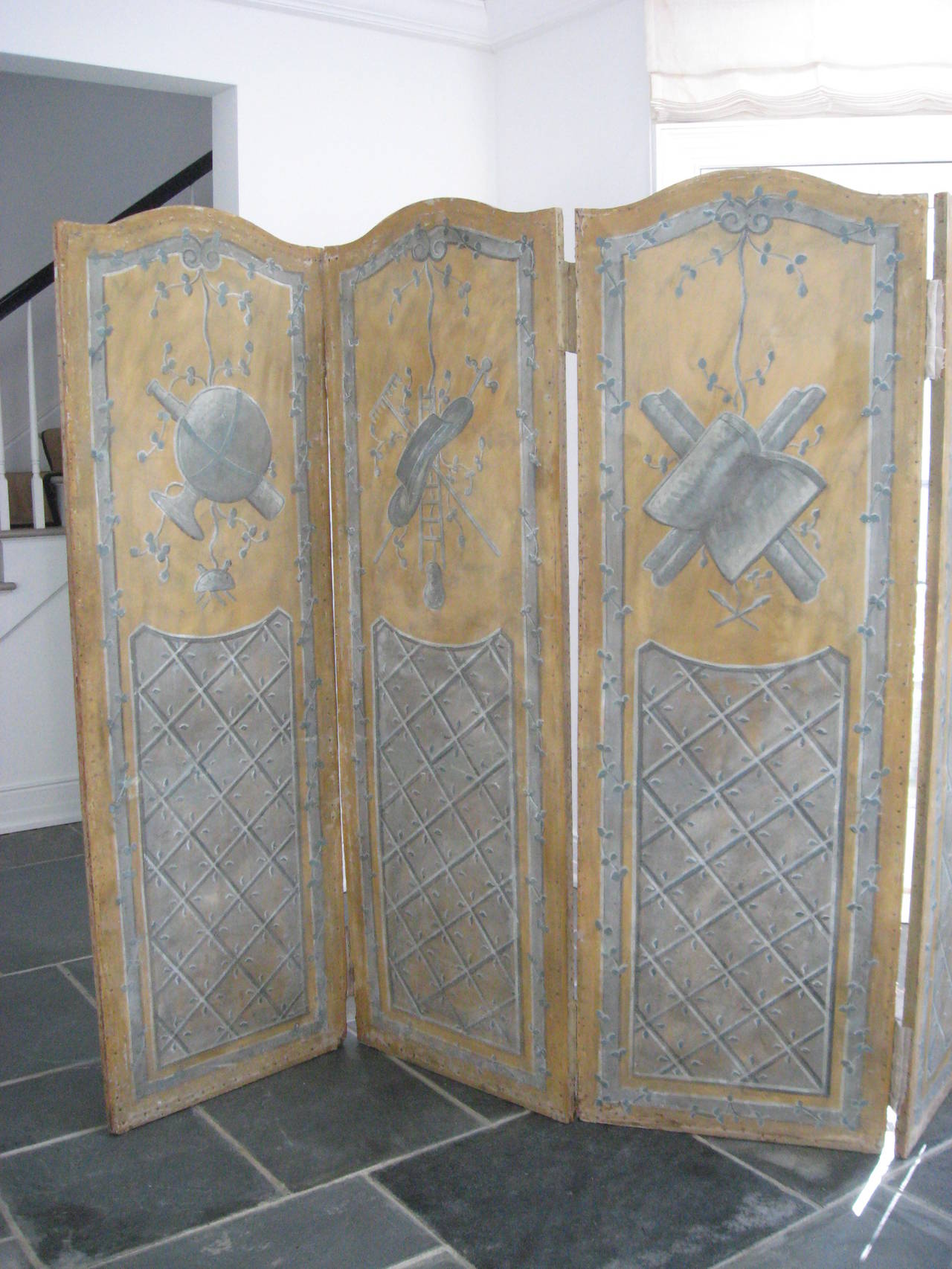 European 19th Century French Painted Six-Panel Musical Theme Screen For Sale