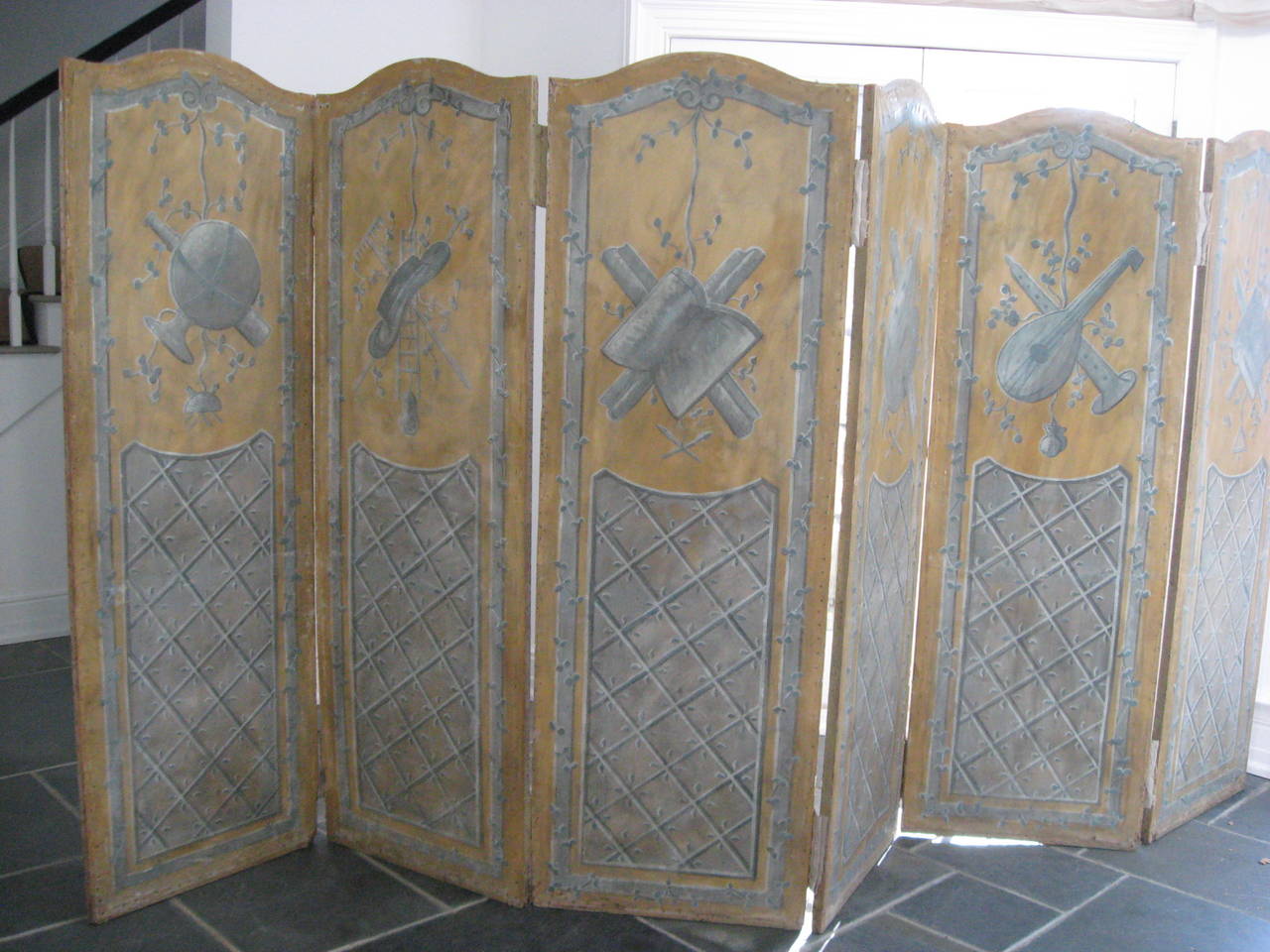 Canvas 19th Century French Painted Six-Panel Musical Theme Screen For Sale