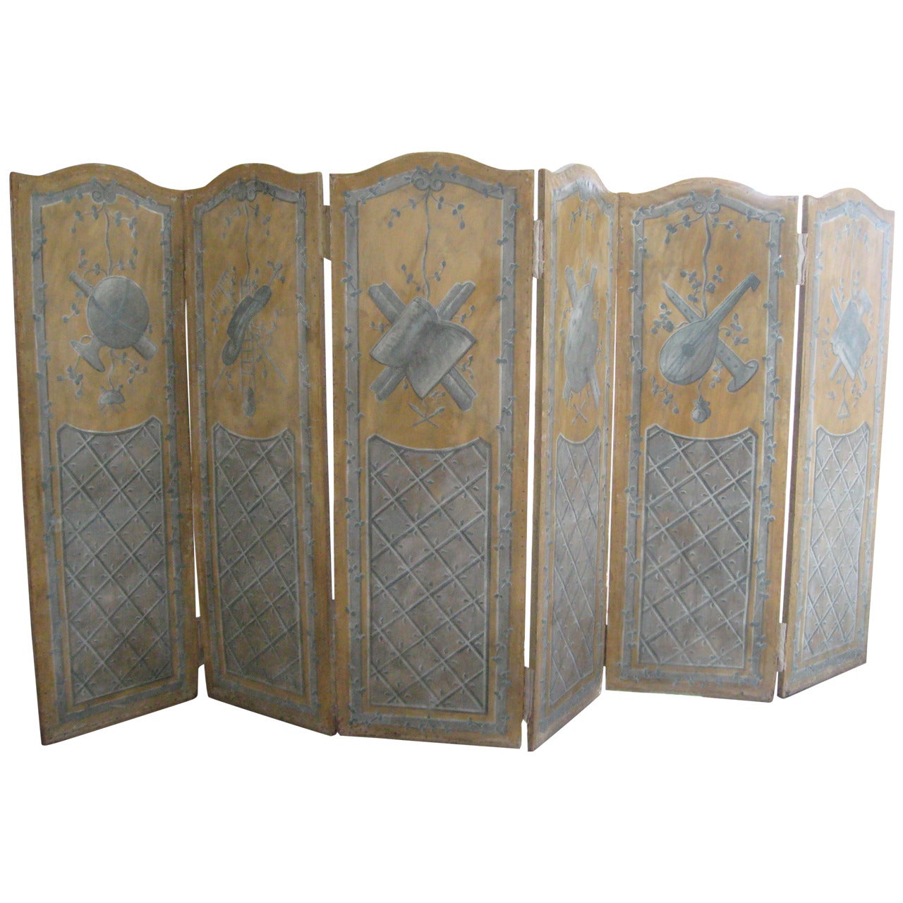 19th Century French Painted Six-Panel Musical Theme Screen
