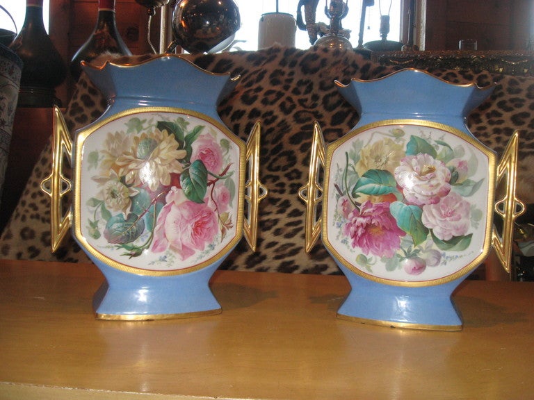 Pair of 19th Century Hand-Painted Continental Vases, Four Original Paintings on Each Side