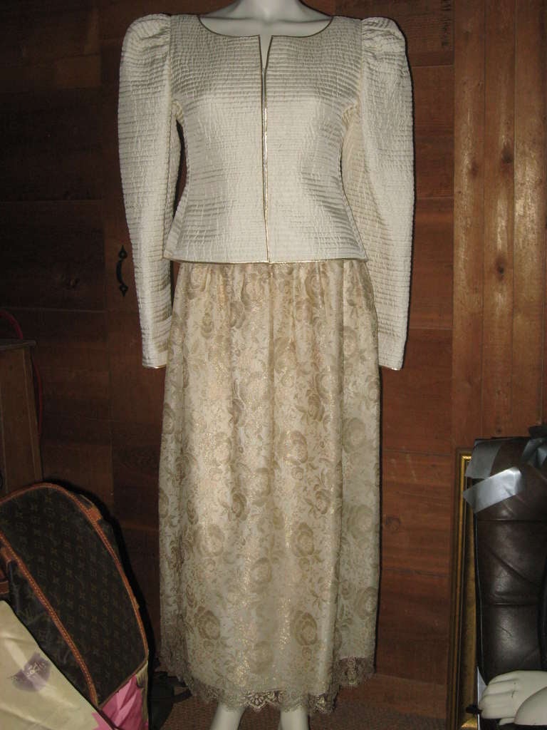Two Piece Evening Dress-Silk Top With Gold Edging and Couture Gold Lace Skirt Lined in Beige Silk, Hand Finished