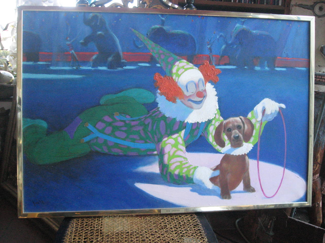 Peinture à l'huile du cirque avec clown et chien Excellent état - En vente à Water Mill, NY