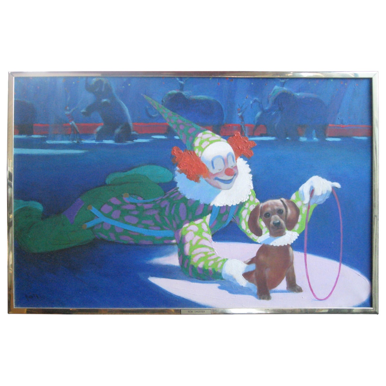Peinture à l'huile du cirque avec clown et chien en vente