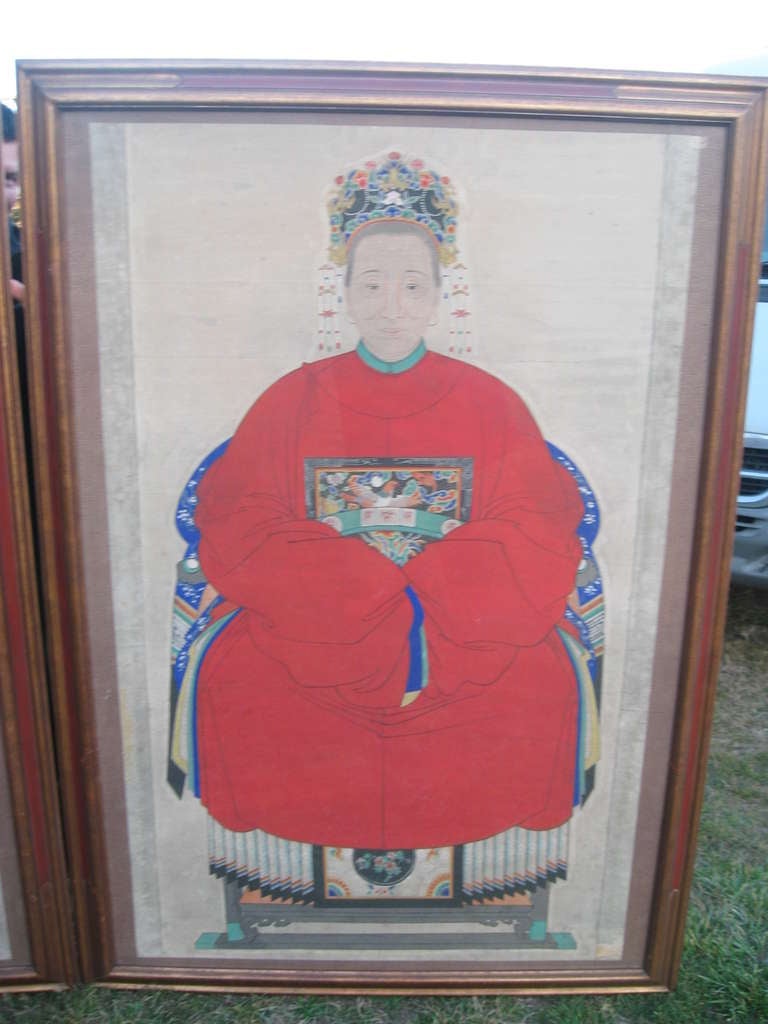 Pair of 19th Century Chinese Ancestral Portrait Paintings In Excellent Condition In Water Mill, NY