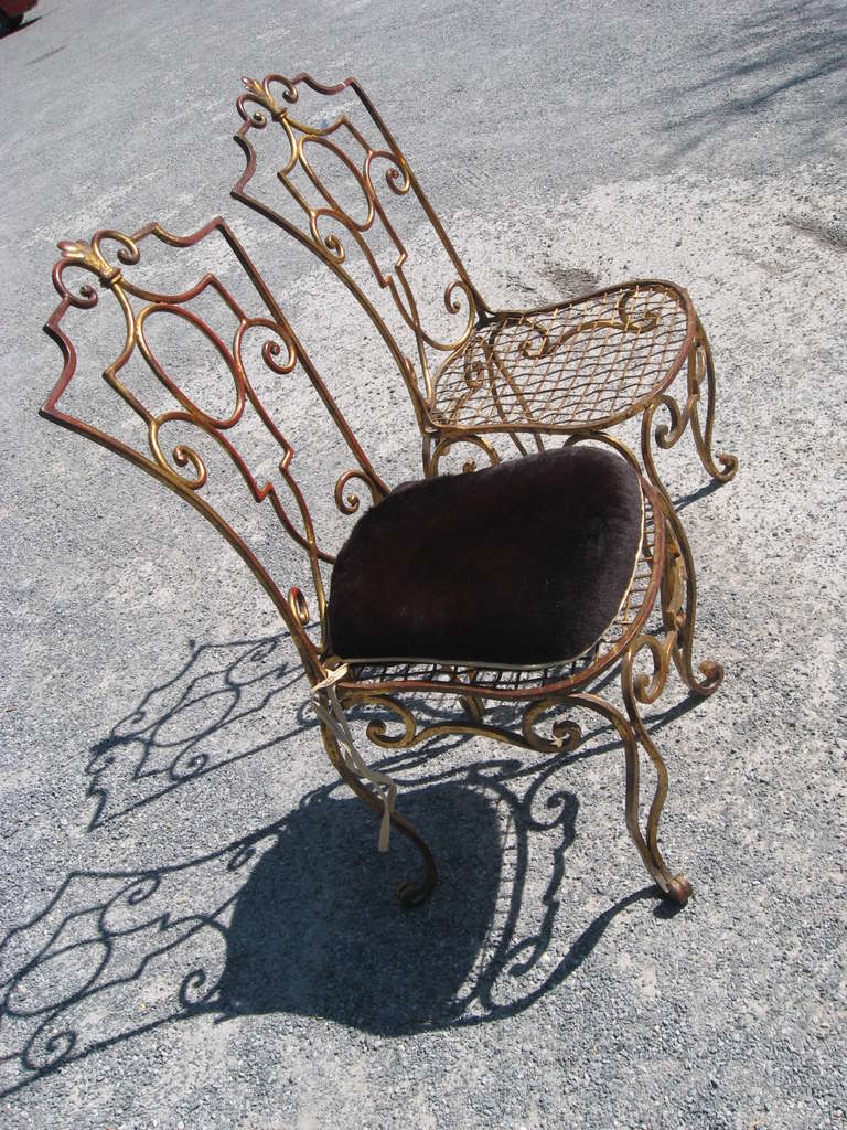 Mid-Century Modern Jean Charles Moreux Pair of Gilded Wrought Iron Chairs, French, 1940s