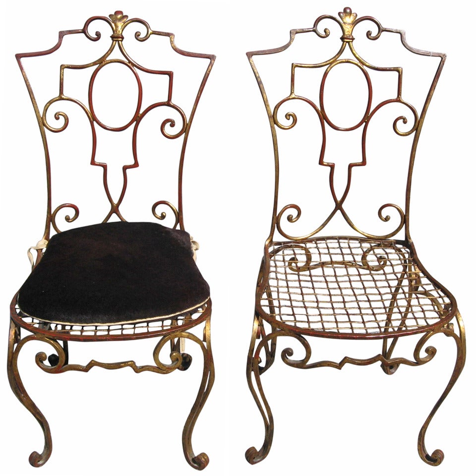 Jean Charles Moreux Pair of Gilded Wrought Iron Chairs, French, 1940s