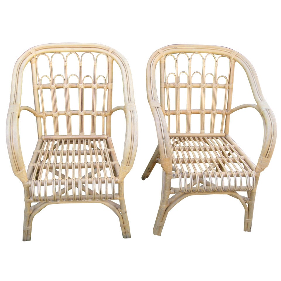Pair of Mid-Century Stick Wicker Lounge / Armchairs