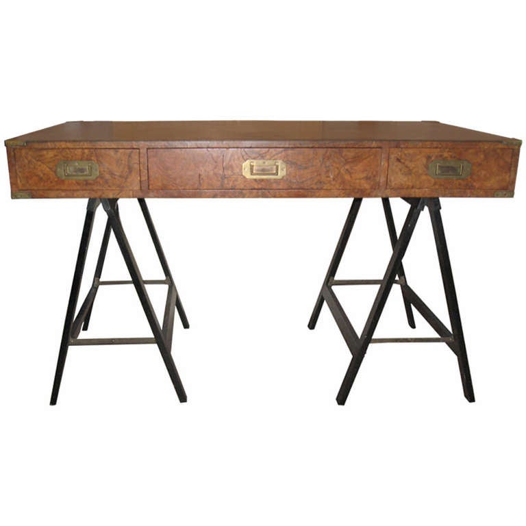 MidCentury Burl Wood Campaign Desk For Sale at 1stdibs