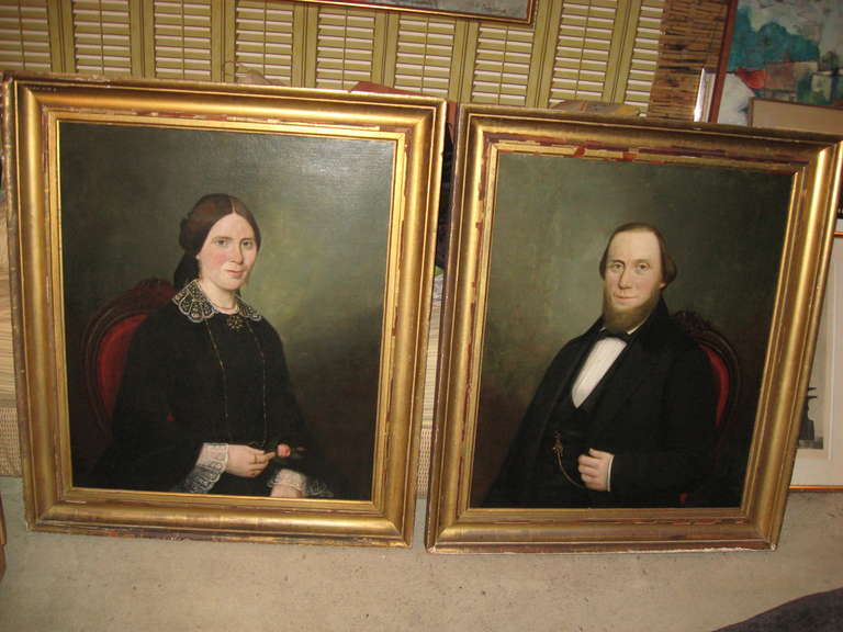 Pr. of 19thc American Portrait Paintings in Original Gilt Wood Frames from Sag Harbor Estate ...Paintings in Very Good Condition, Frames in Vintage Condition.