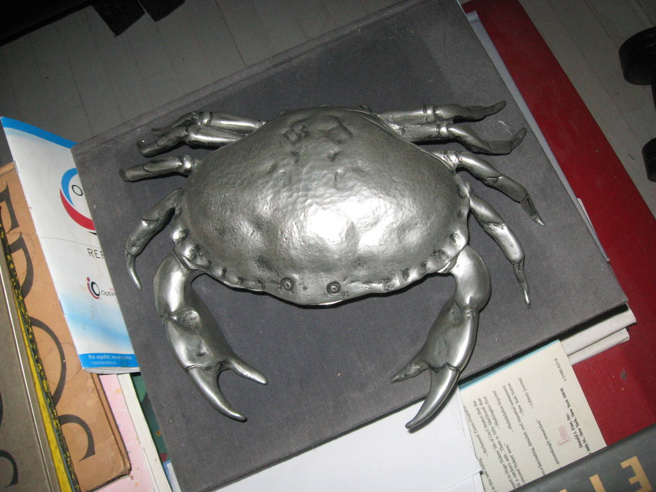 20th Century Cipolla Pewter Large Crab Caviar Dish and Spoon For Sale