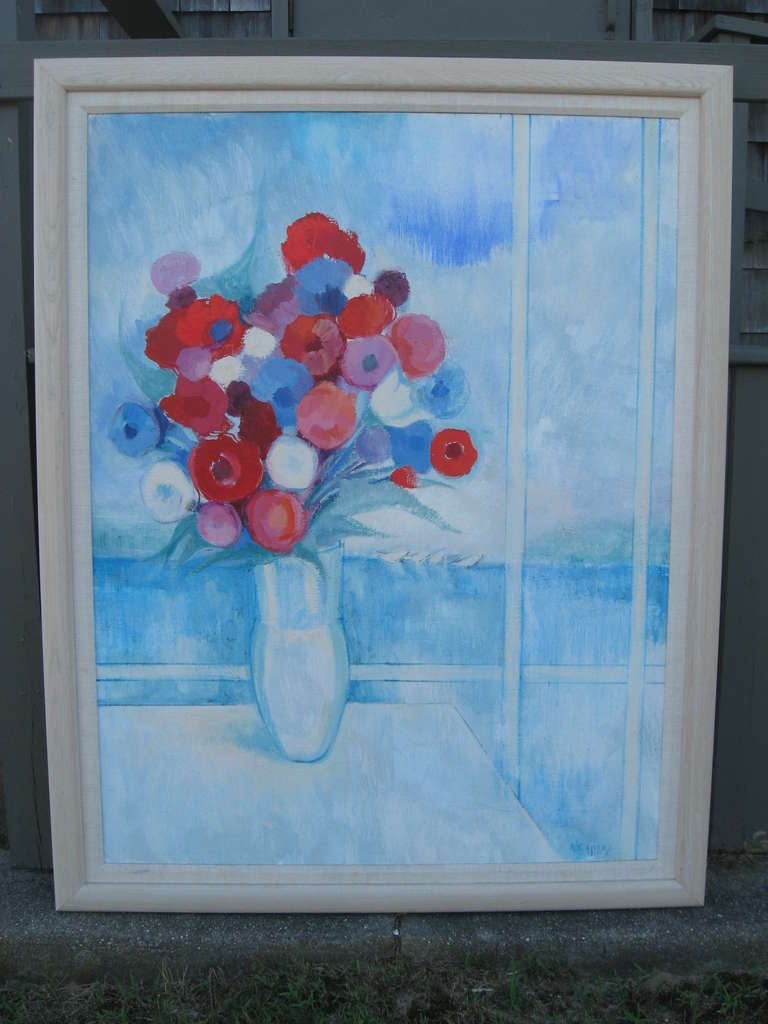 Flowers by a Window Oil Painting by a Latin American Artist Alicia Cajiao in a Wood Frame