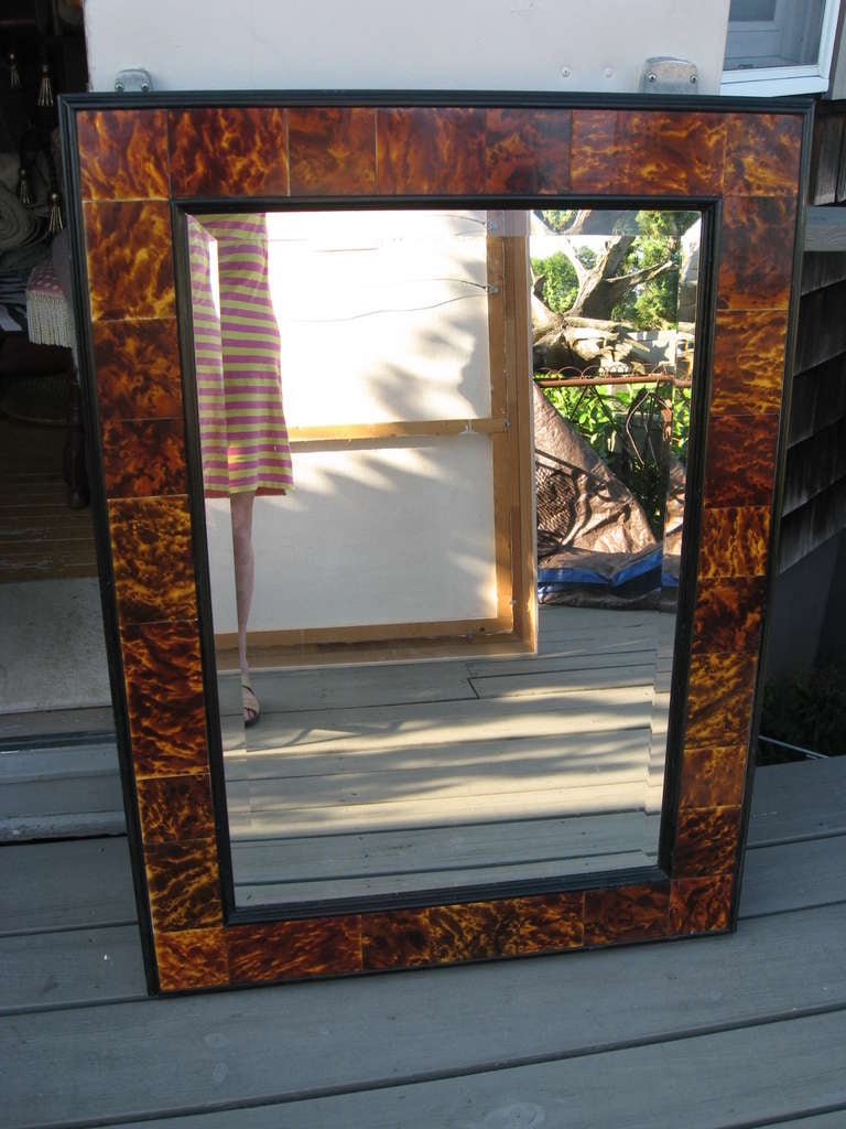 Faux  Tortoise Shell  in a Carved Black Wood Frame with
 Beveled Mirror