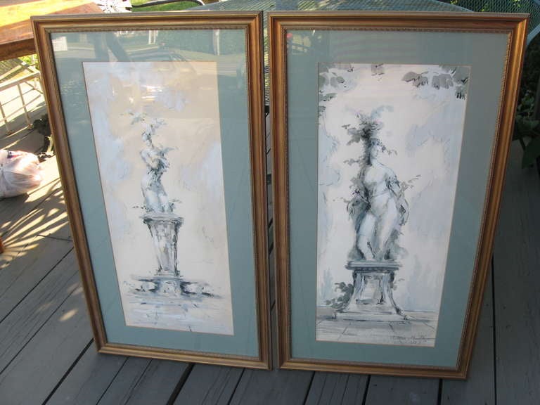 Pair of Mid Century watercolors by Roderic Montagu in gilt wood.
Frames under glass.