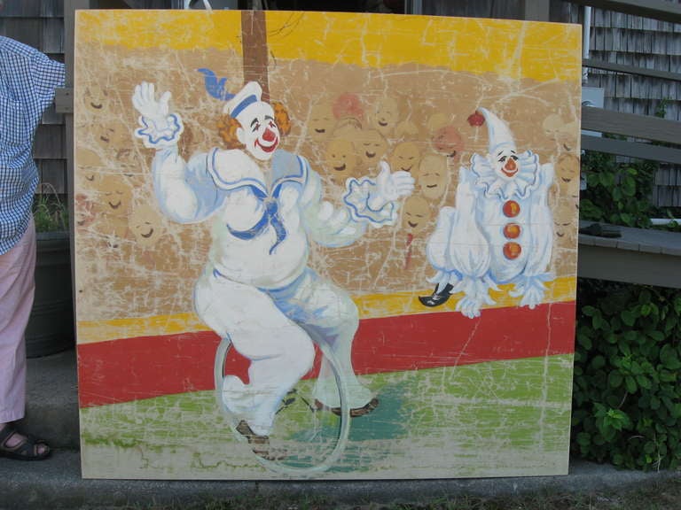  Impressive 1930-1940 banner oil painting of the circus with clown
performers in the arena. Measures: 71
