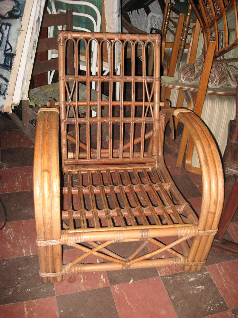 Vintage Pr.of Rattan Reclining Chairs with Ottomans