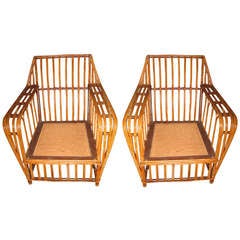Vintage Pr. of Rattan Lounge Chairs with Cushions