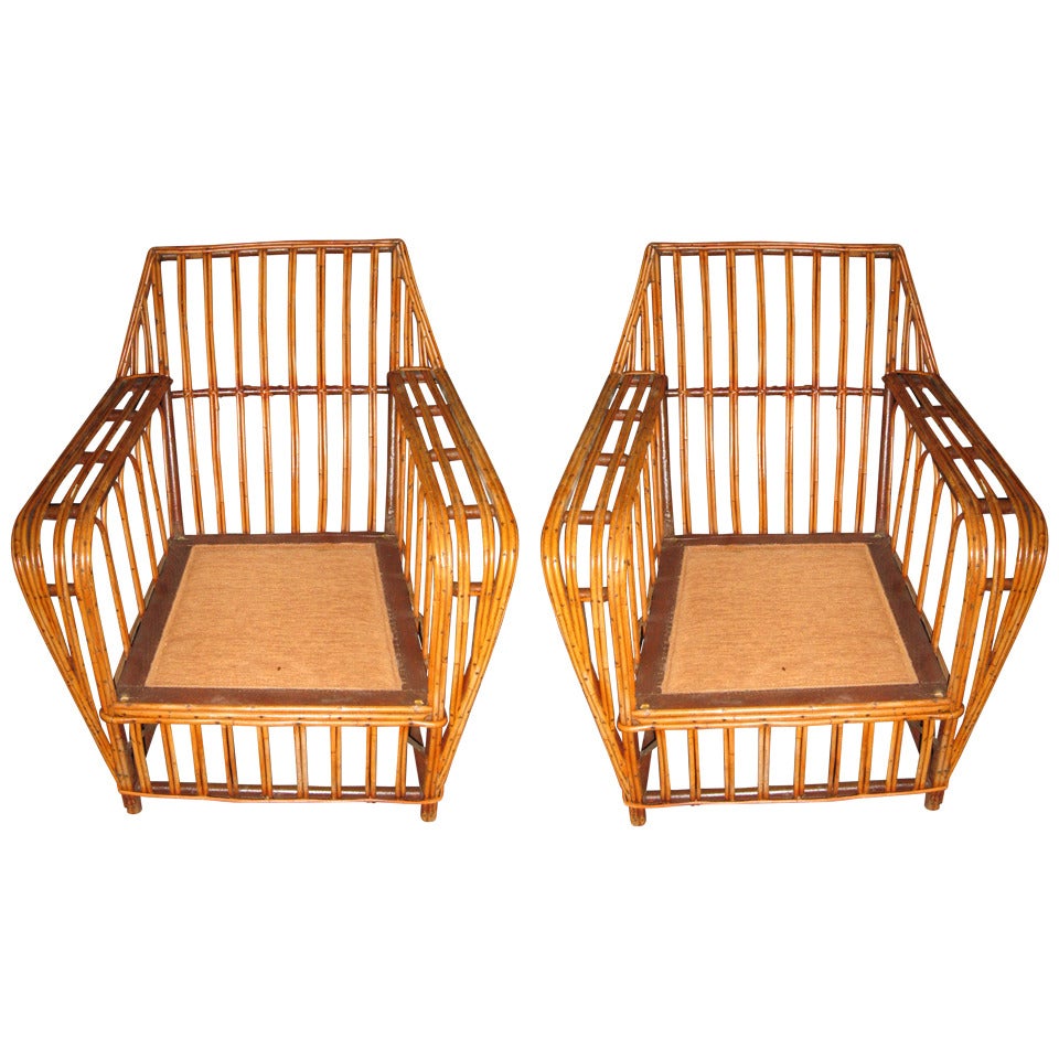 Vintage Pr. of Rattan Lounge Chairs with Cushions