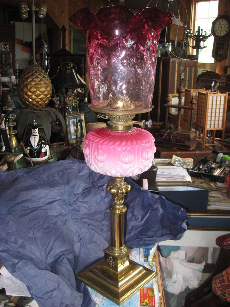 19th Century American Cranberry Glass Oil Lamp In Excellent Condition In Water Mill, NY