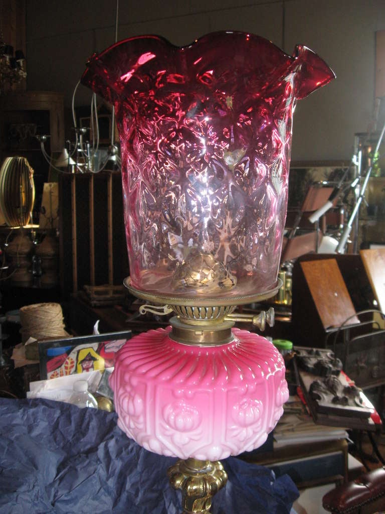 Belle Époque 19th Century American Cranberry Glass Oil Lamp