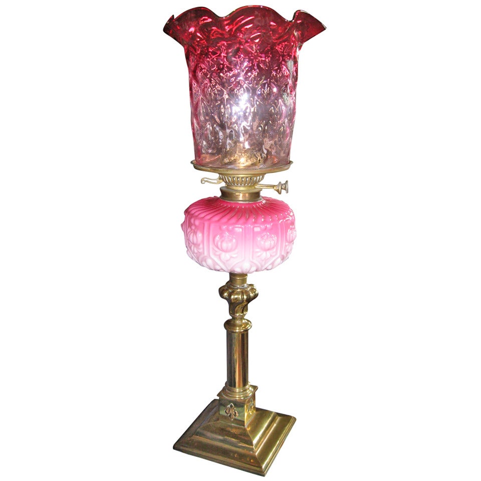 19th Century American Cranberry Glass Oil Lamp