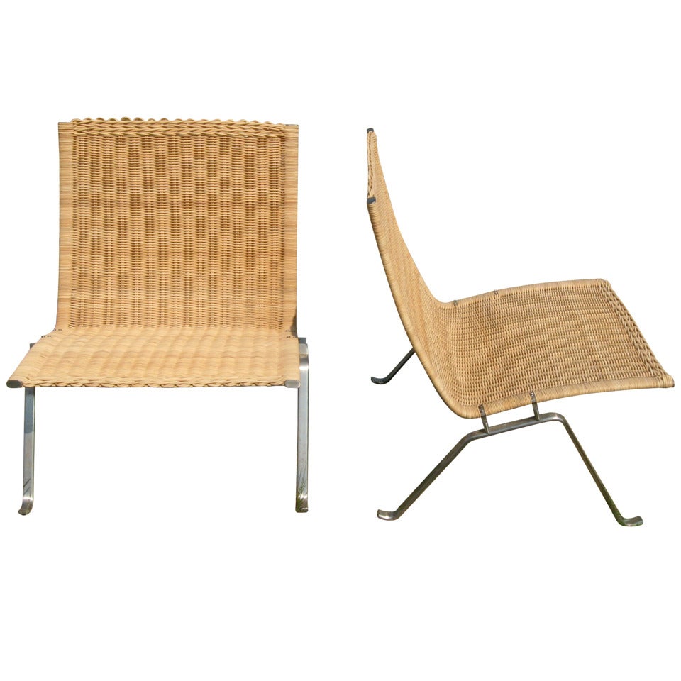 Poul Kjaerholm Pair of Wicker & Brushed Steel Lounge Chairs
