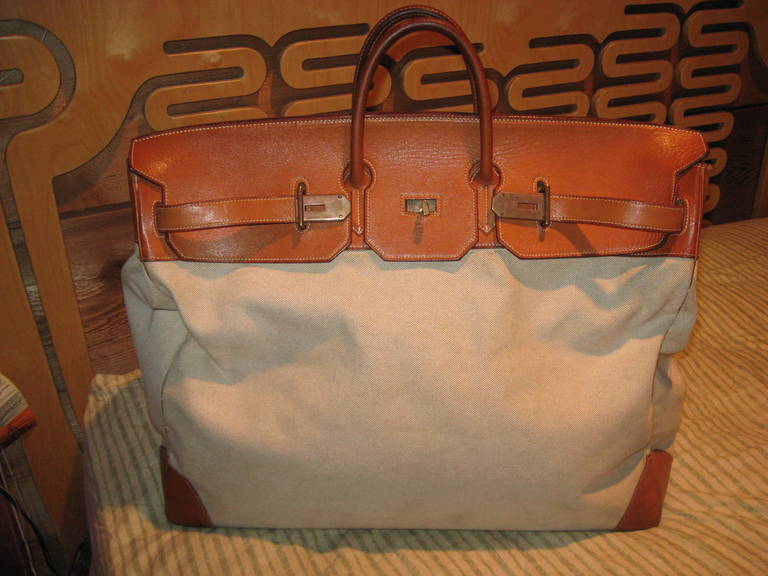 60cm Hermes Hac Rare Vintage Canvas and Leather Traveling Bag