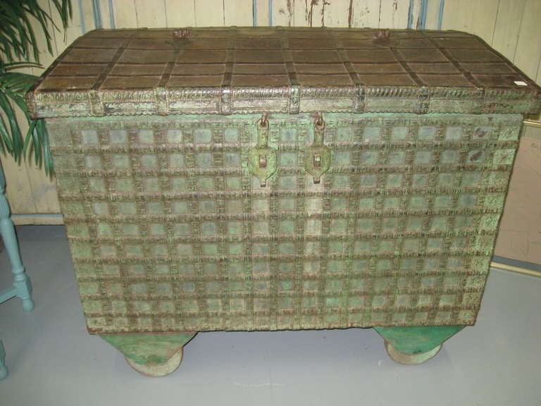 19thc Indian Wood and Iron Strap Chest on Wooden Wheels
with Handles...with Great Green Patina