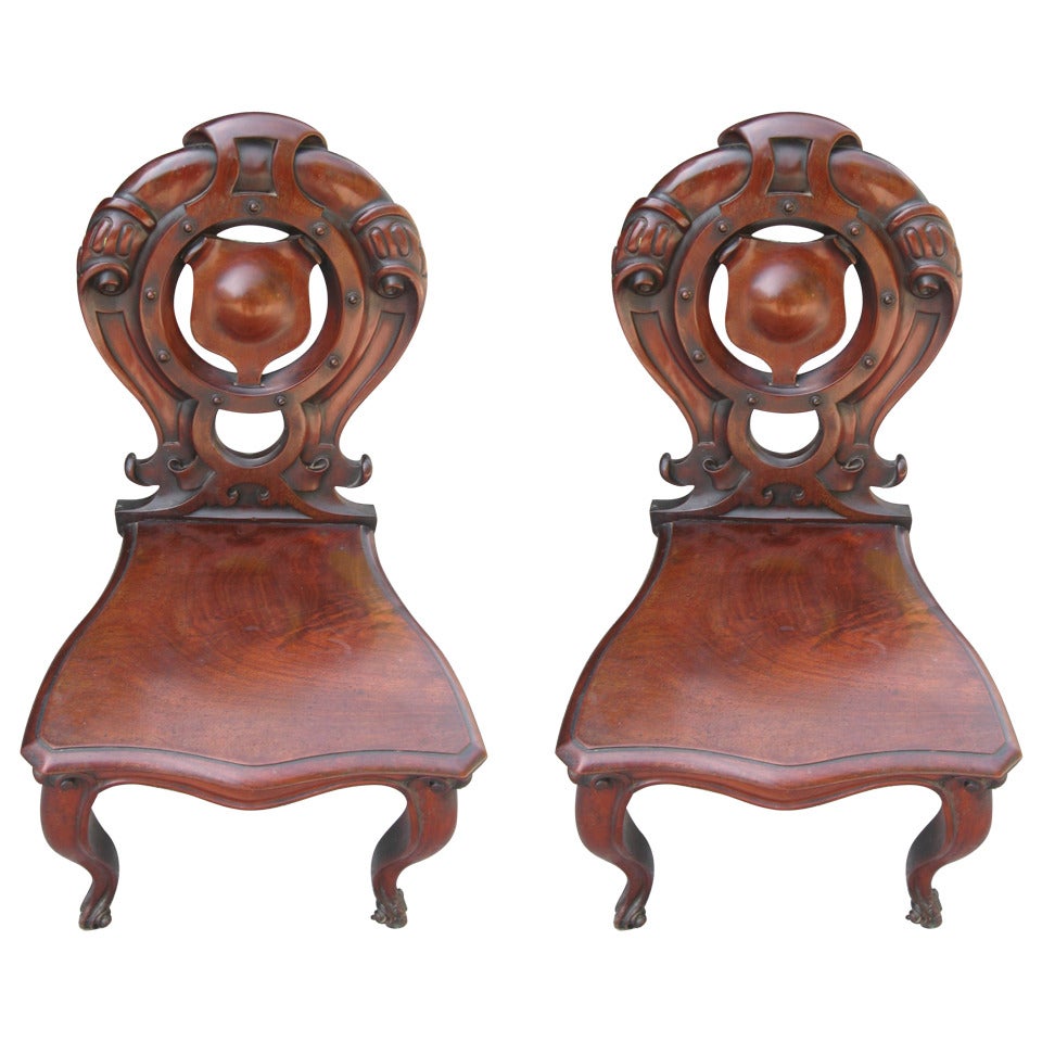 Pair of 19th Century English Mahogany Hall Chairs For Sale