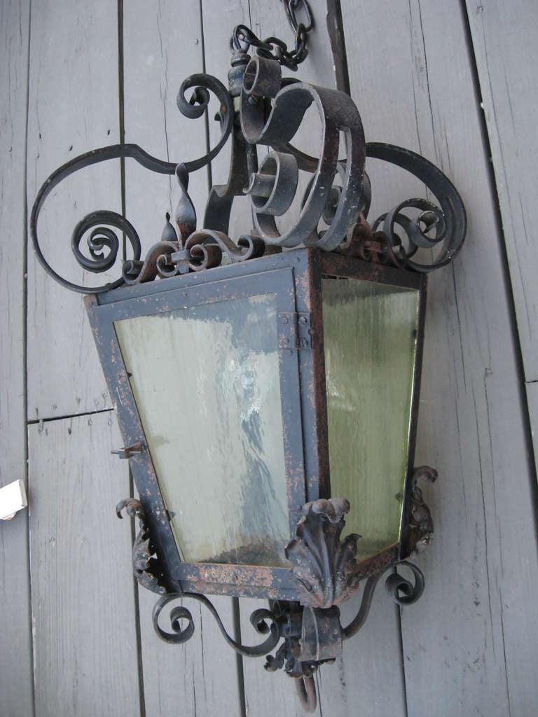 Vintage Hampton's iron hand forged lantern with  original slag glass ceiling cap and 29