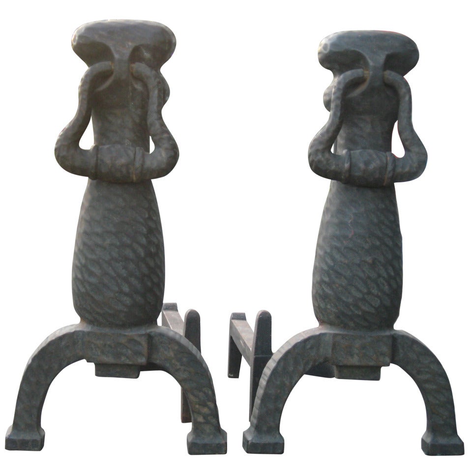 Pair of Arts and Crafts Hammered Iron Andirons For Sale