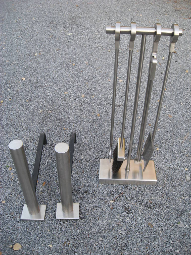 Modernist Andirons and Tools in the Style of Karl Springer In Excellent Condition In Water Mill, NY