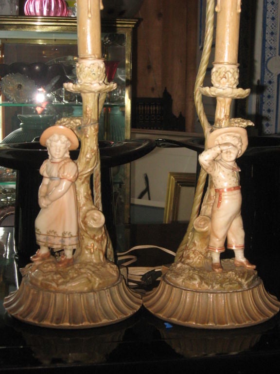 Hand-Painted Pair of Royal Worcester Candlestick Lamps For Sale