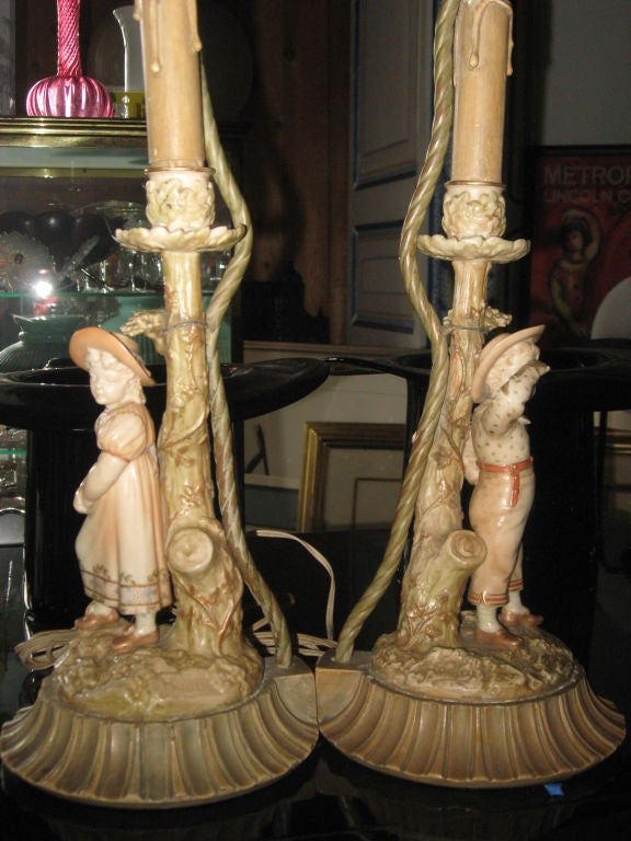 Pair of Royal Worcester Candlestick Lamps In Excellent Condition For Sale In Water Mill, NY