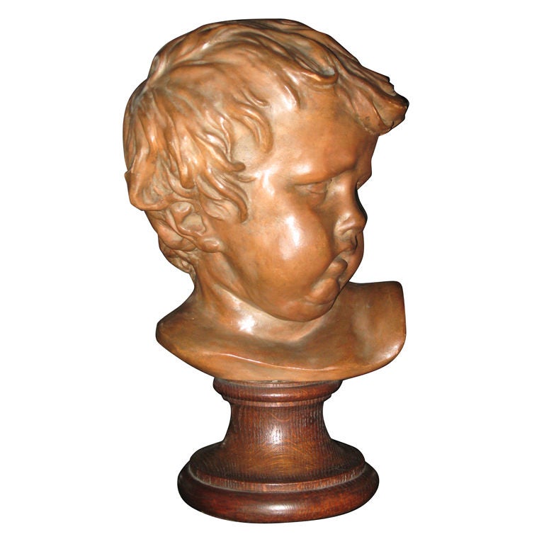 Terracotta Putto on a Oak Base For Sale