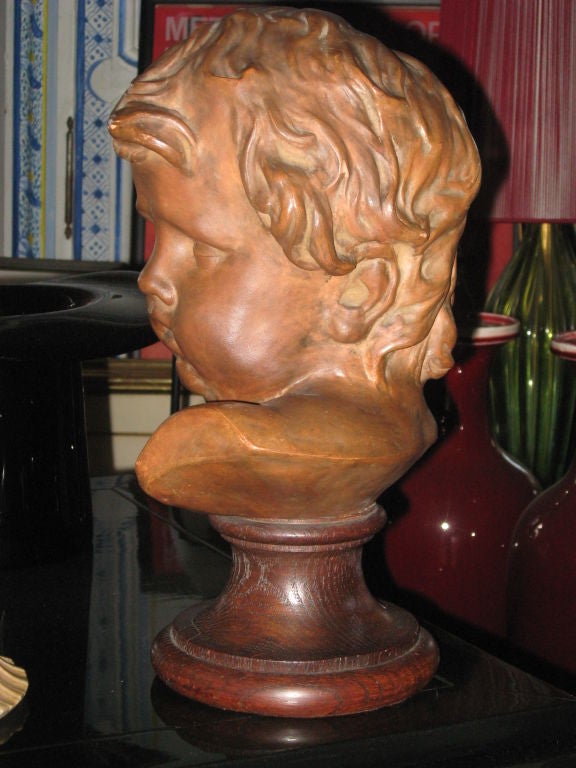 Terracotta Putto on a Oak Base In Good Condition For Sale In Water Mill, NY